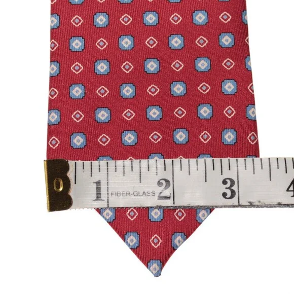 Drake's NWT Neck Tie in Red with Light Blue & White Geometric Pattern 100% Silk
